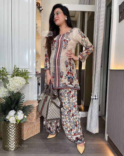 Elegant Floral Printed Soft Cotton Co-Ord Set with Wide-Leg Palazzo Pants