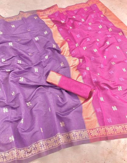 Beautiful Lavender Cotton Silk Saree With Marvellous Blouse Piece