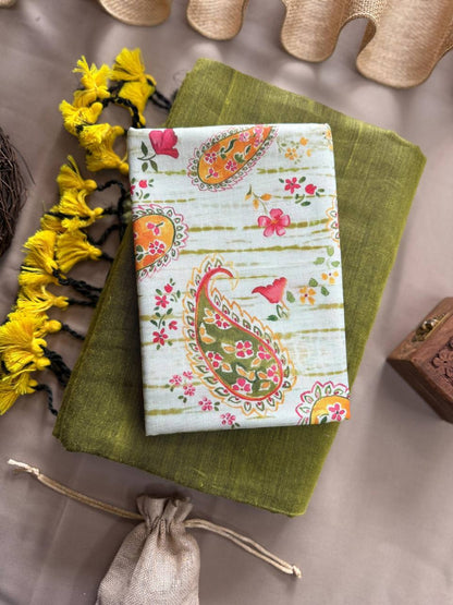 Beautiful Mahendi Handloom Cotton Saree With Treditional Printed Blouse