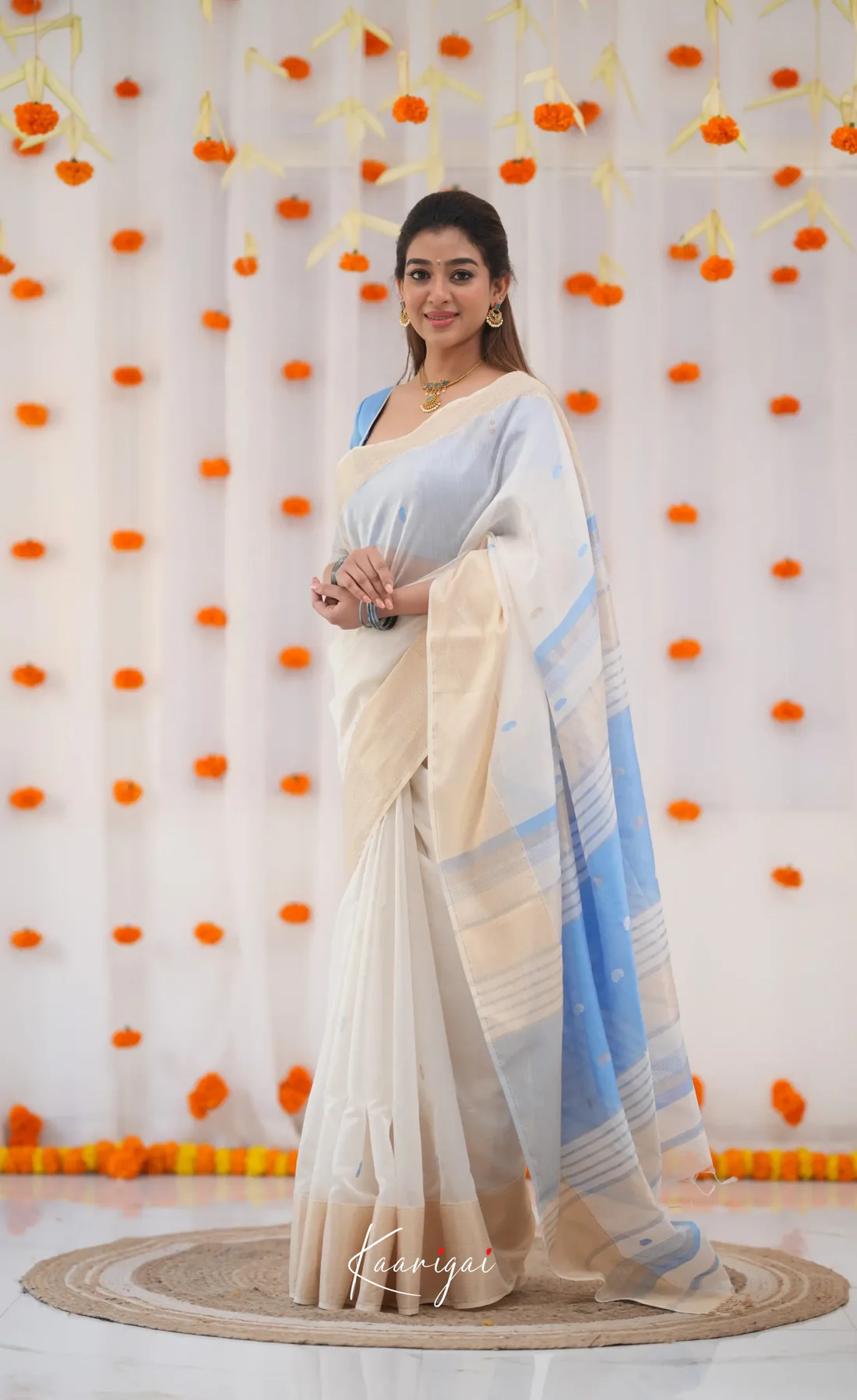Ivory White & Sky Blue Handloom Style Cotton Saree with Soft Contrast Pallu