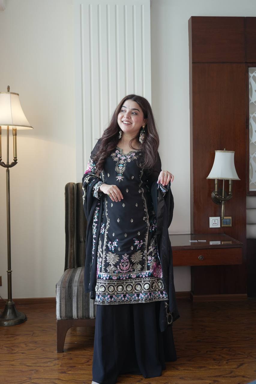 Elegant Black Fox Georgette Designer Suit Set With Embroidery Dupatta
