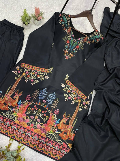 Very Attractive Jet Black Roman Silk Printed Salwar Suit Set