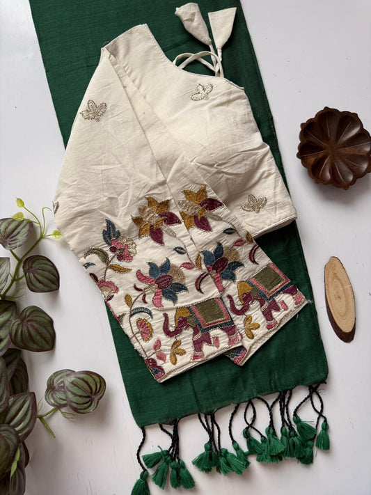 Dharma Exclusive - Green Handloom Cotton Saree With Havy Embroidery Stitched Blouse