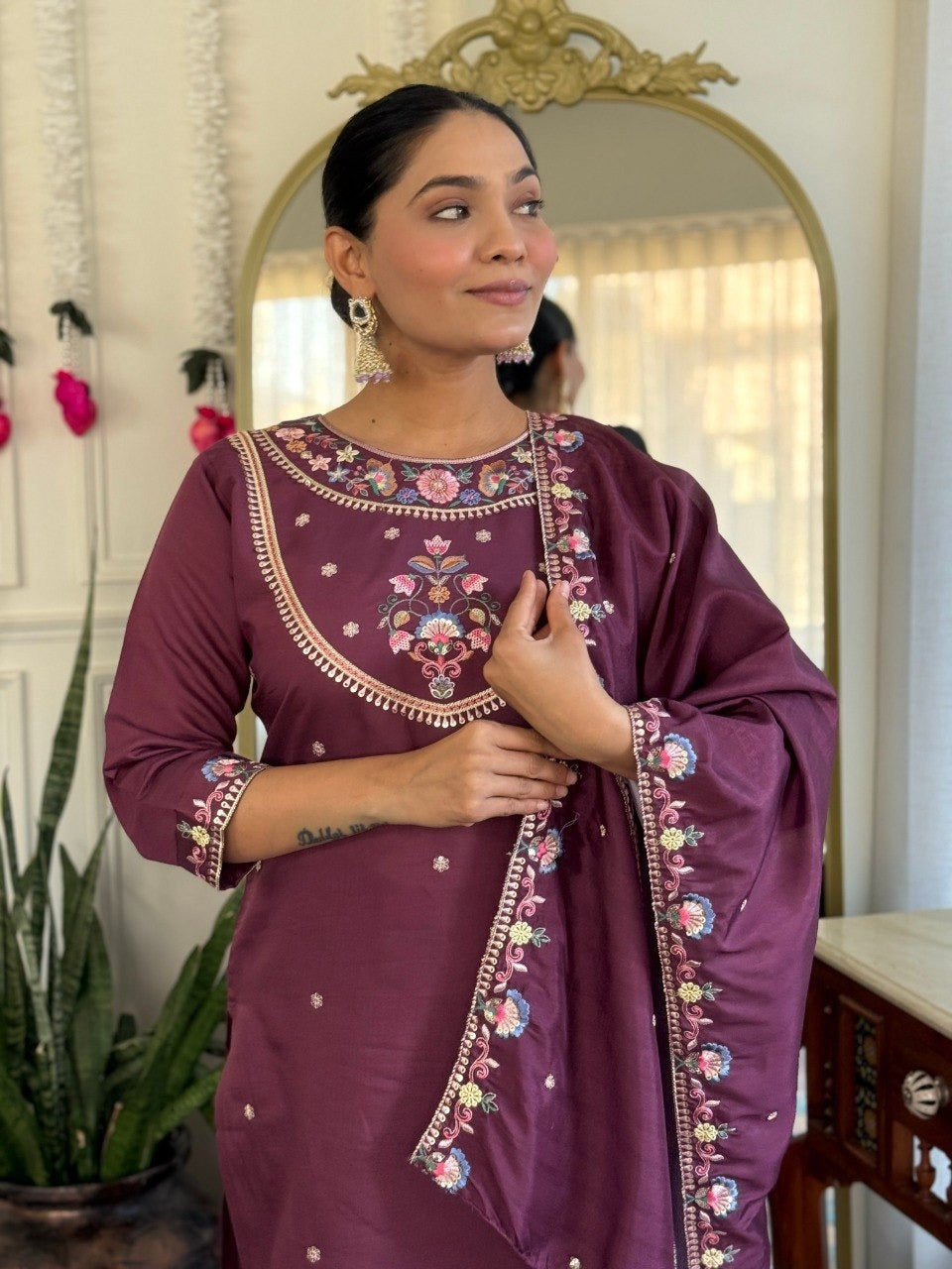 Stylish Party Wear Embroidered Suit Set with Dupatta