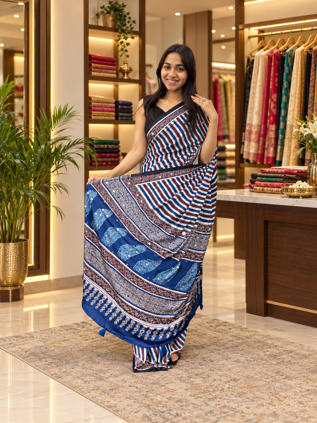 Premium Multi Silk Ajrakh Print Saree with Elegant Pallu