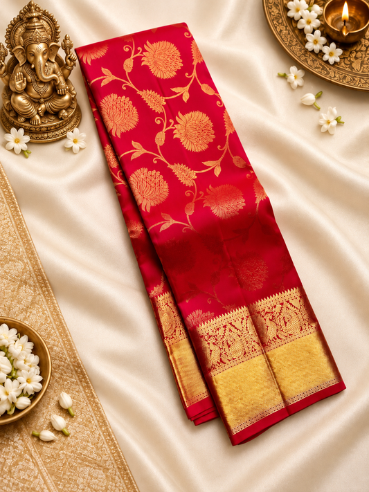 Beautiful Red Handwoven Soft Banarasi Silk Saree with Traditional Peacock Border