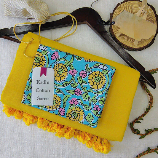 Dharma Exclusive - Yellow Handloom Cotton Saree With Traditional Printed Blouse