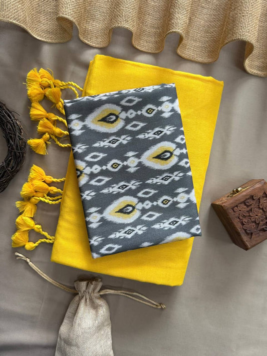 Yellow Handloom Cotton Saree With Traditional Printed Blouse