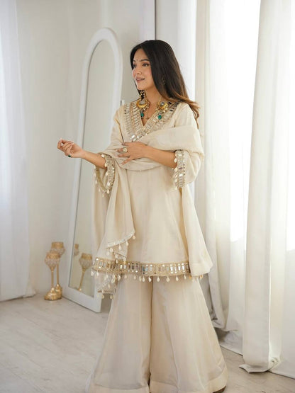 Tebby Organza Silk Peplum Sharara Set with Real Mirror Work Border