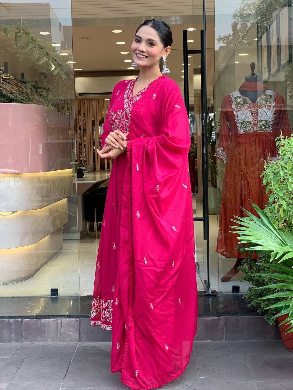 Premium Rani Pink Roman Silk Festive Angrakha Suit Set with Dupatta