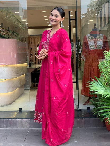 Premium Rani Pink Roman Silk Festive Angrakha Suit Set with Dupatta