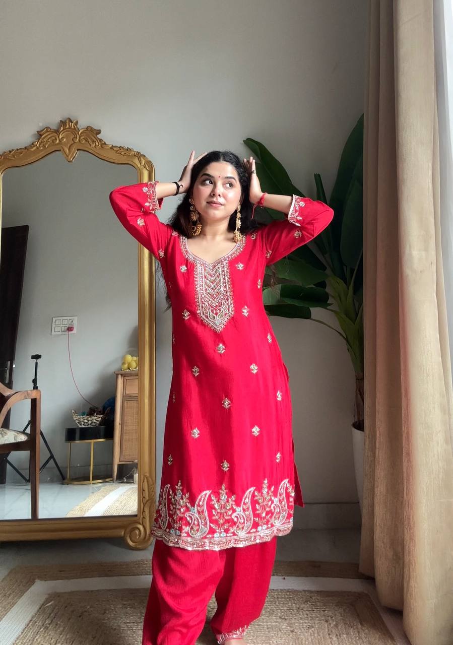 Ruby Red Chinon Silk Embroidered Salwar Suit Set with Sequin Work