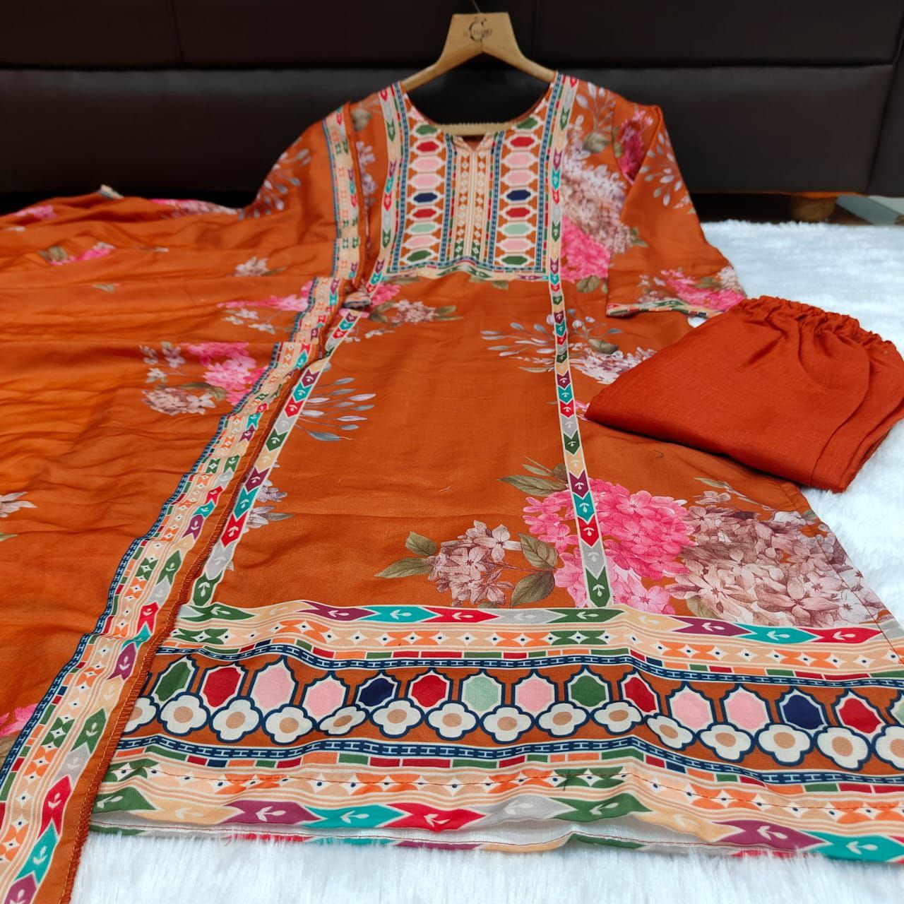 Elegant Rust Orange Soft Muslin Anarkali Salwar Suit Set with Digital Floral Print
