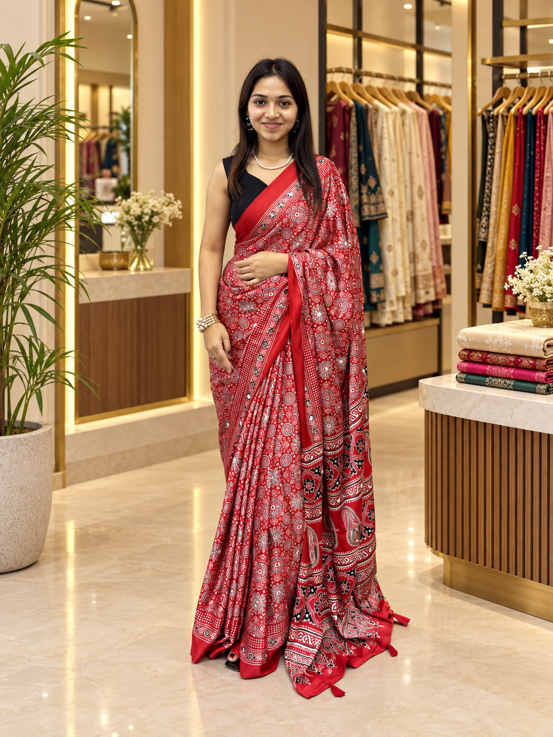 Attractive Red Ajrakh Printed Japan Silk Saree with Elegant Pallu