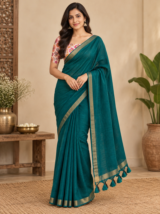 Emerald Peacock Teal Handloom Cotton Saree