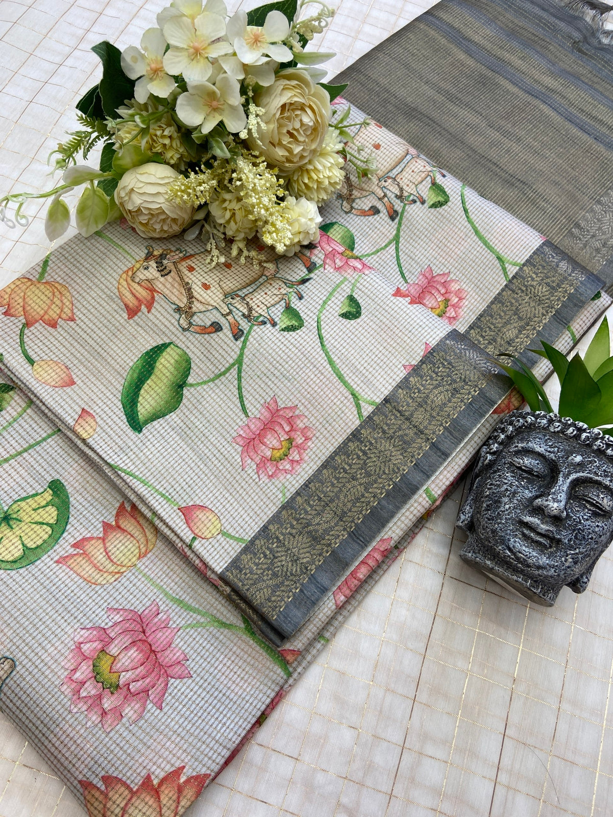 Myra - Silver Grey Pichwai Print Soft Tussar Silk Saree