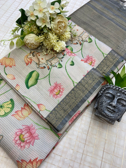 Myra - Silver Grey Pichwai Print Soft Tussar Silk Saree