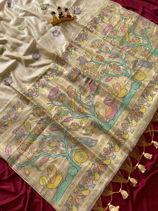 Ishani - Champagne Beige Soft Muga Cotton Paithani Saree