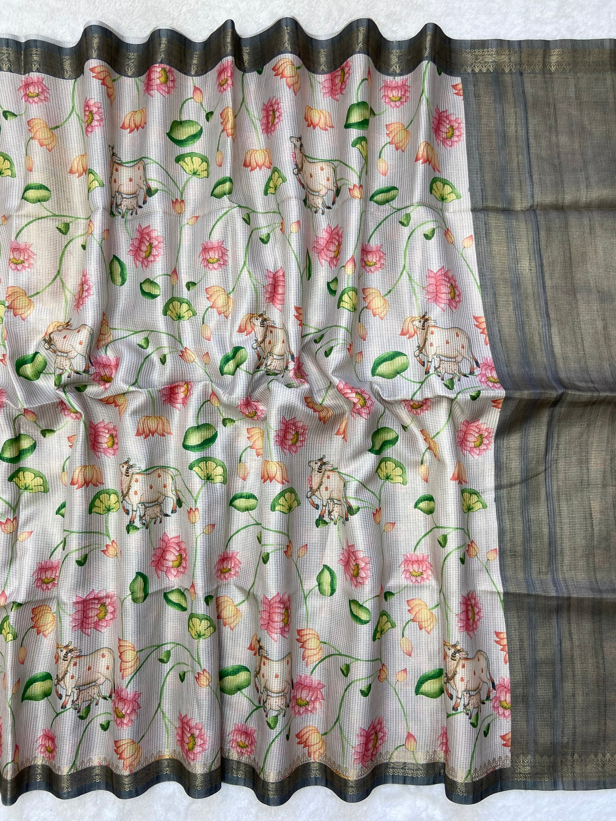 Myra - Silver Grey Pichwai Print Soft Tussar Silk Saree