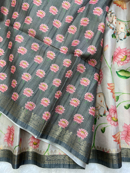 Myra - Silver Grey Pichwai Print Soft Tussar Silk Saree