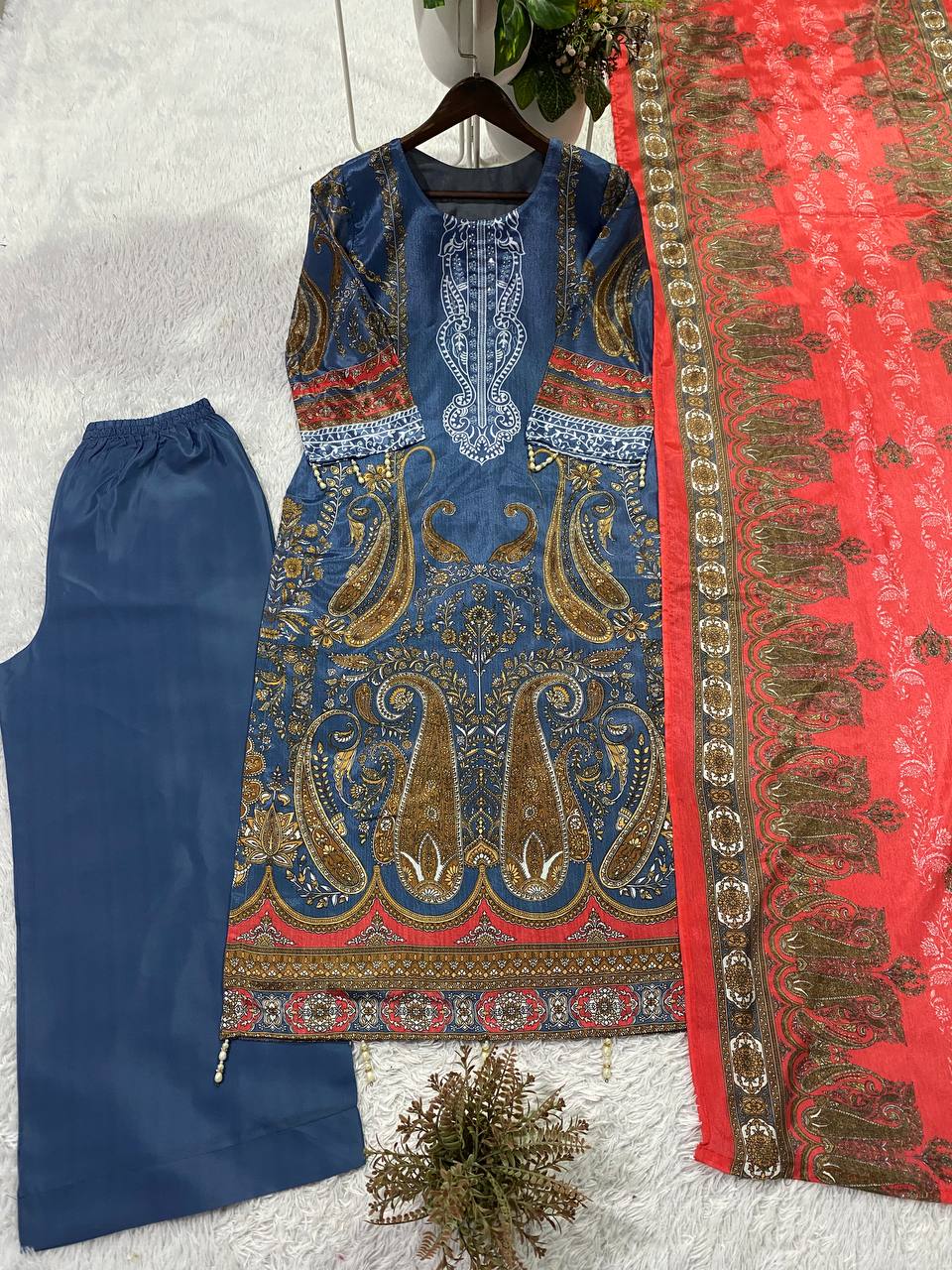 Elegant Blue Printed Chinon Anarkali Suit Set With Diamond Work