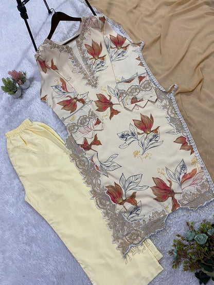 Very Beautiful Cream Muslin Silk Floral Print Suit Set