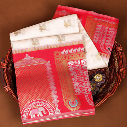 White & Red Soft Banarasi Silk Saree With Zari Weaving Work