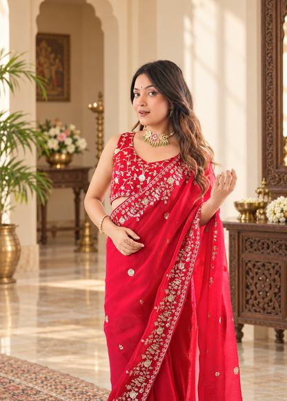 Premium Festive Red Heavy Fendy Silk Saree