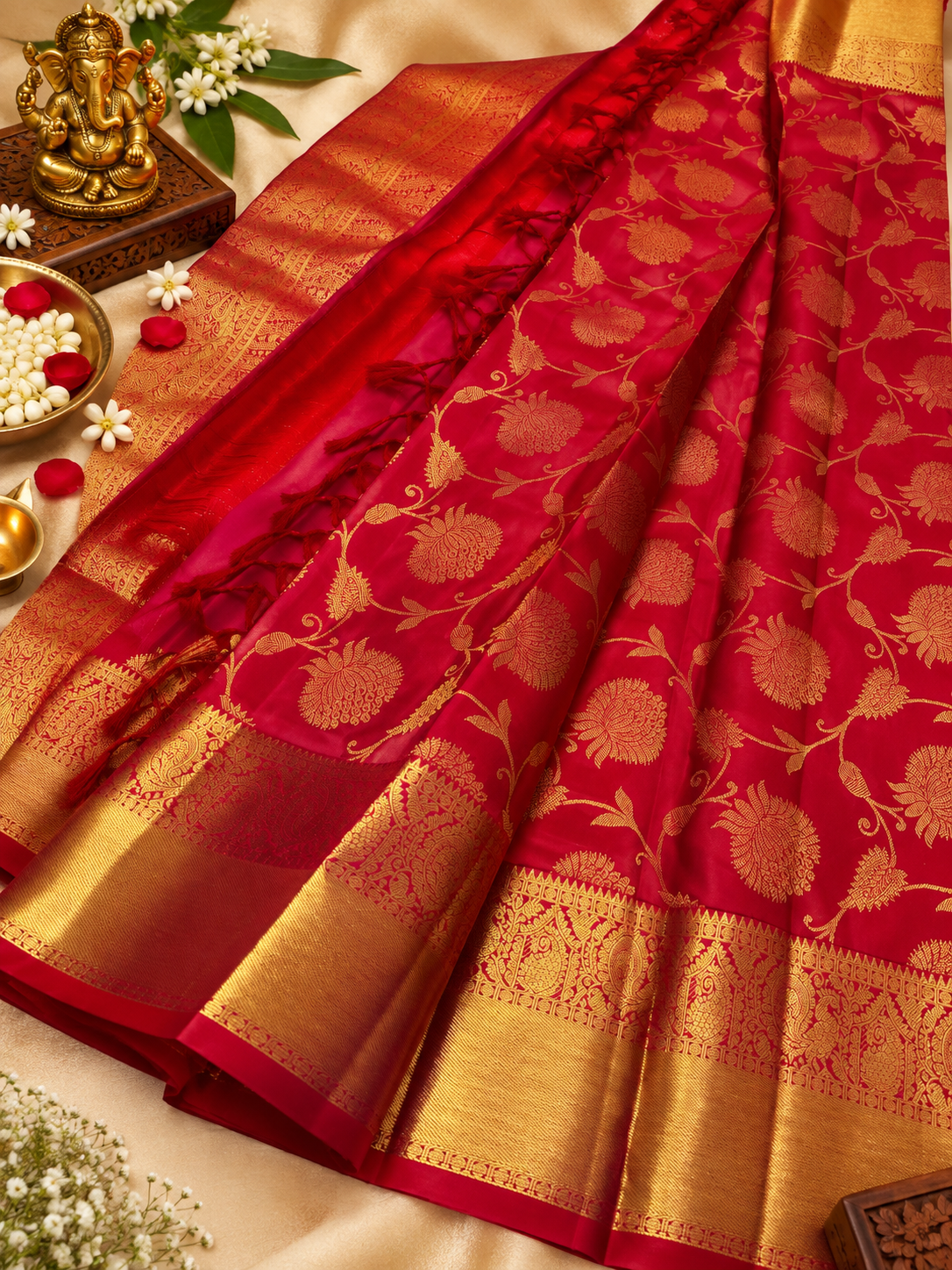 Beautiful Red Handwoven Soft Banarasi Silk Saree with Traditional Peacock Border