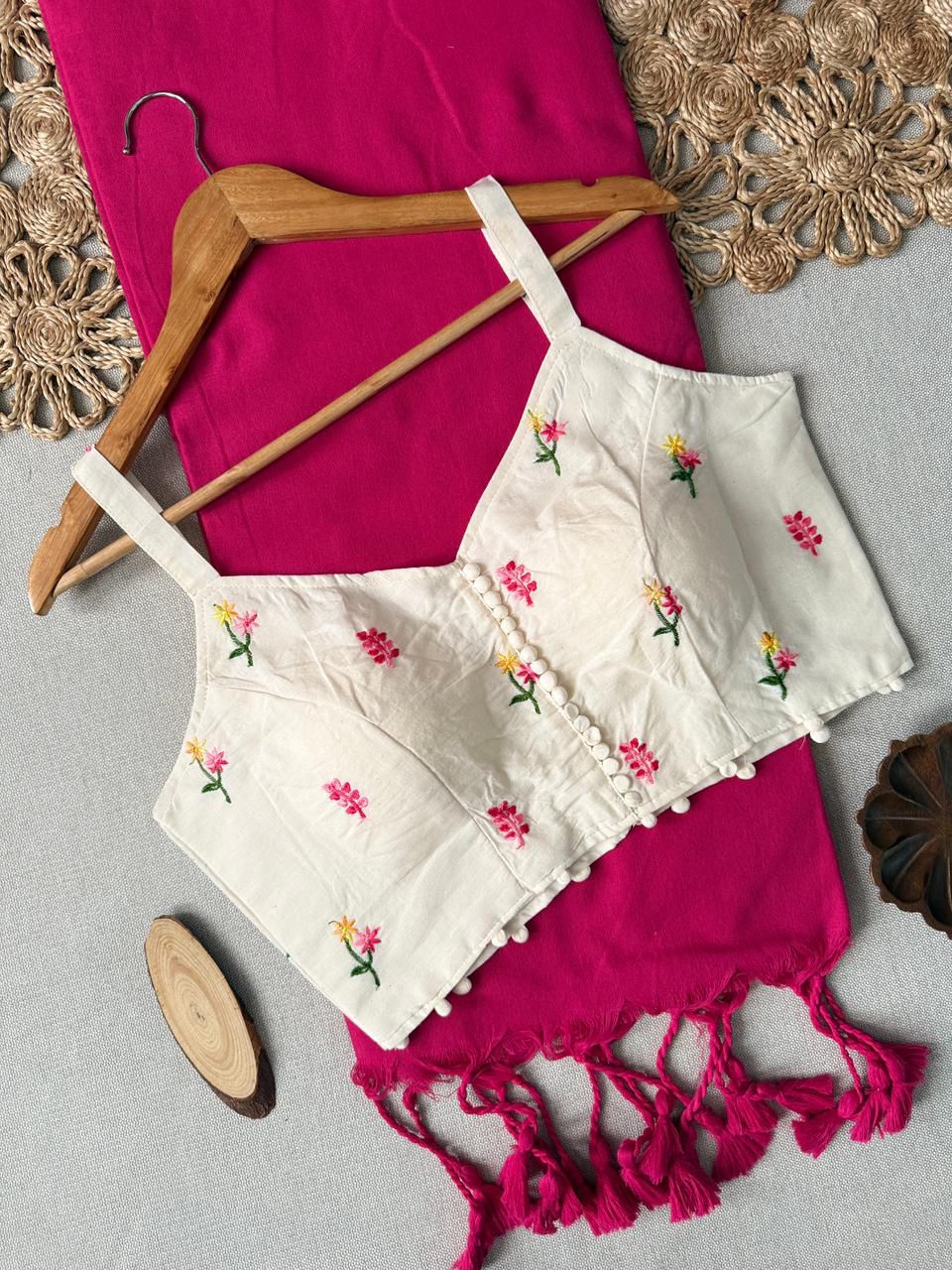 Dharma Exclusive -Dark Pink Handloom Cotton Saree With Havy Embroidery Stitched Blouse