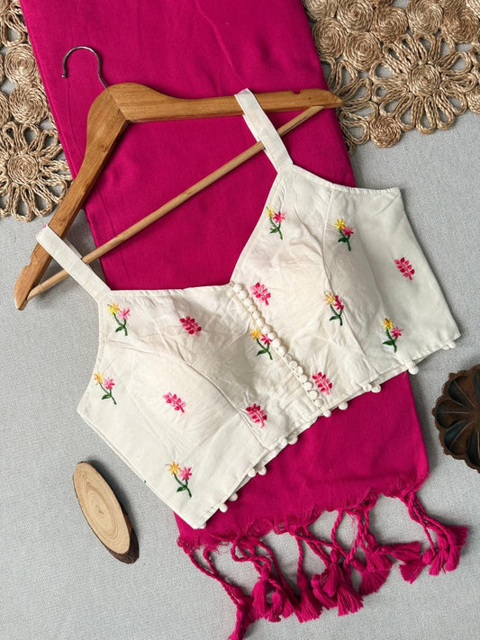 Dharma Exclusive -Dark Pink Handloom Cotton Saree With Havy Embroidery Stitched Blouse