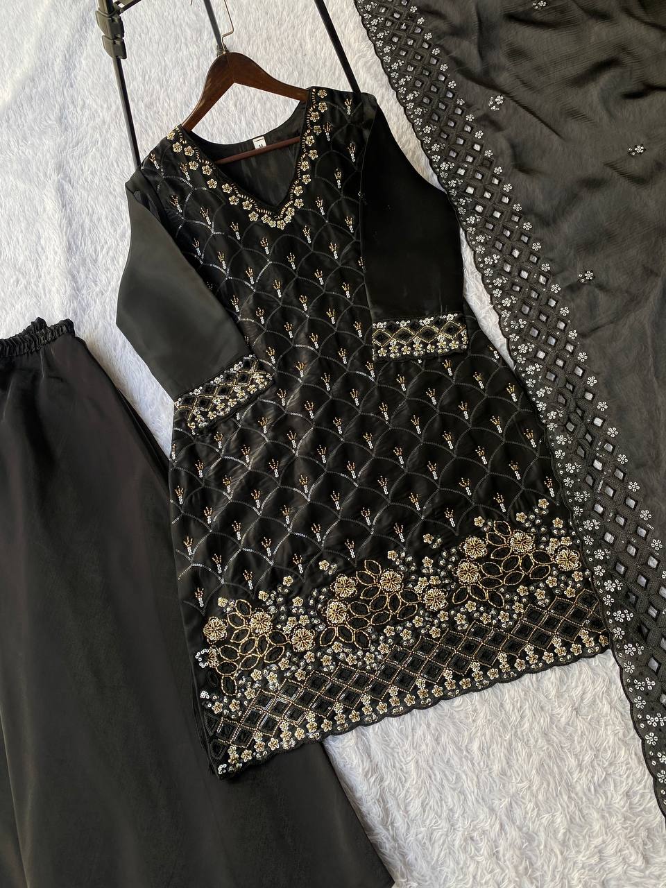 Elegant Black Embroidered Fendy Fabric Sharara Set with Sheer Dupatta