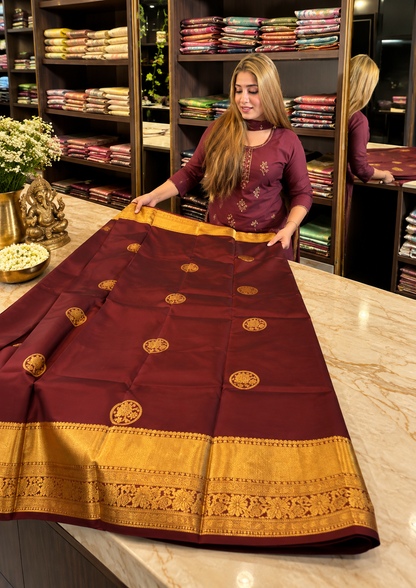 Beautiful Maroon Soft Banarasi Silk Saree with Traditional Floral Medallions