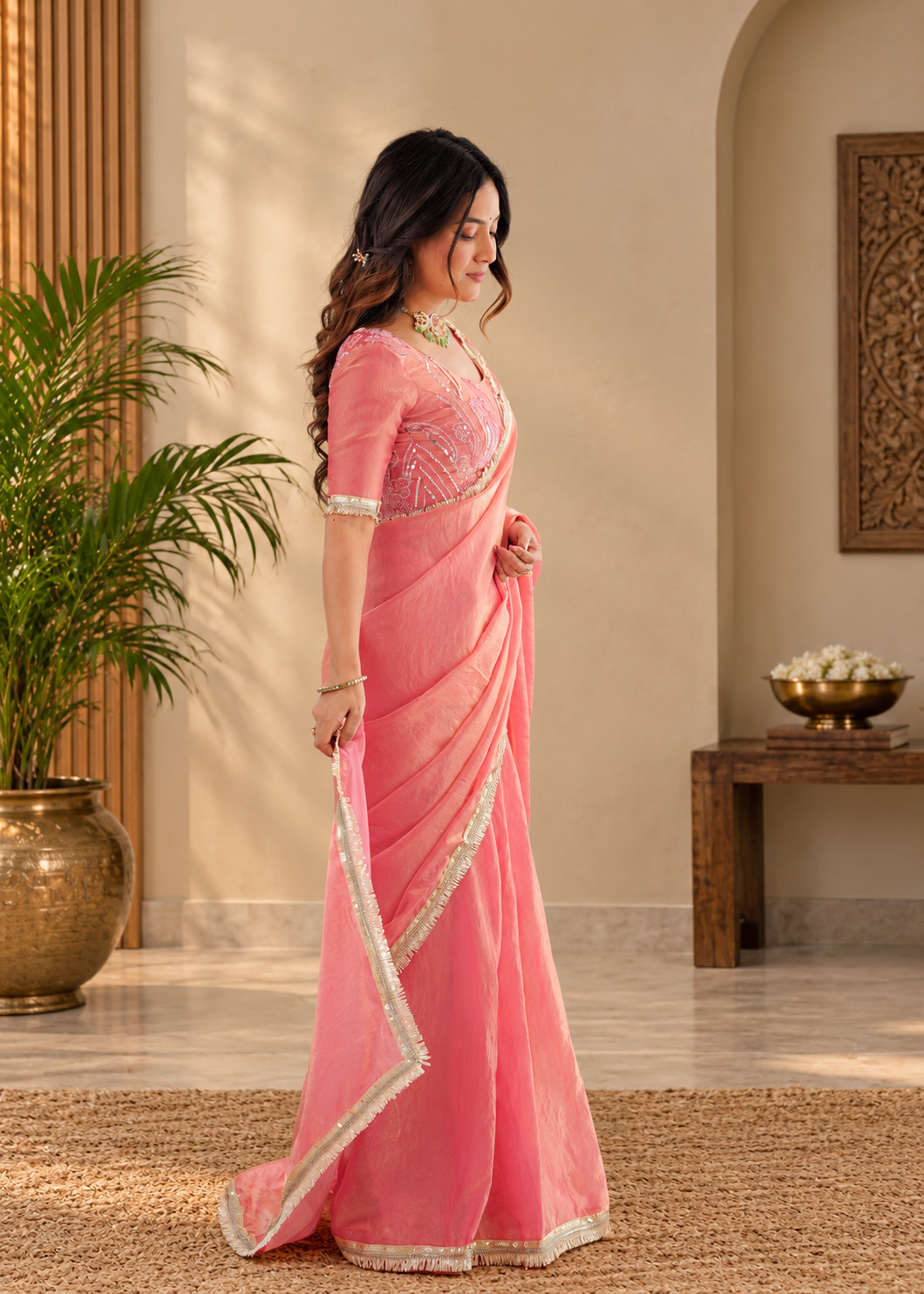 Elegant Rose Pink Fendy Silk Saree With Fancy Lace Work