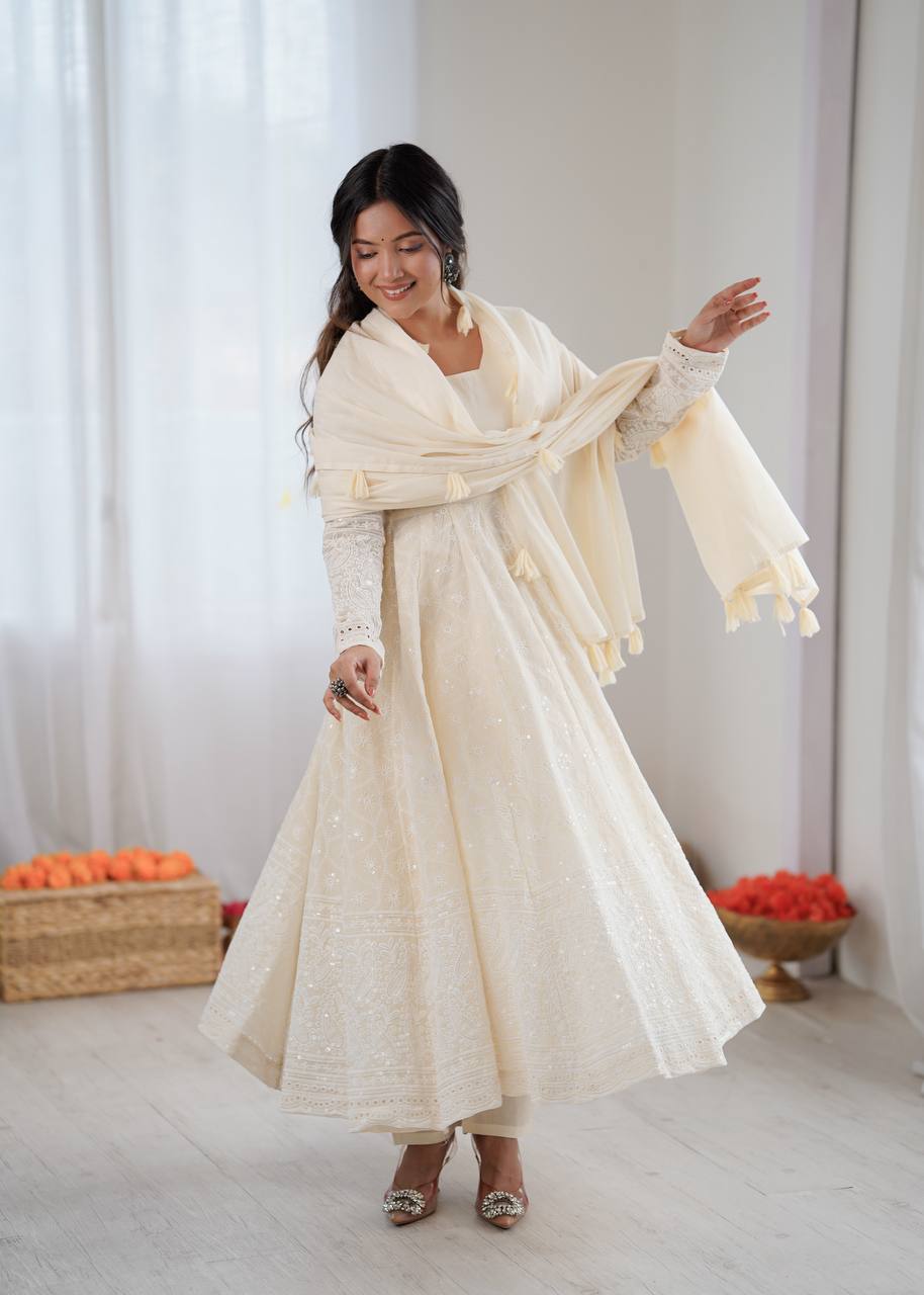 Elegant Off-White Pure Kora Cotton Anarkali Suit Set