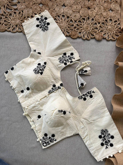 Attractive - Black Handloom Cotton Saree With Havy Embroidery Stitched Blouse