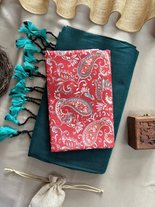 Attractive Rama Handloom Cotton Saree With Treditional Printed Blouse