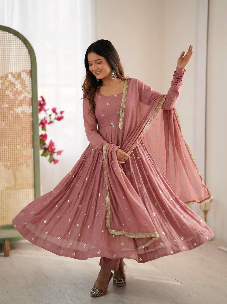 Premium Roman Silk Embroidered Anarkali Suit Set