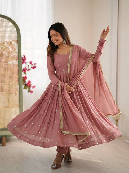Premium Roman Silk Embroidered Anarkali Suit Set