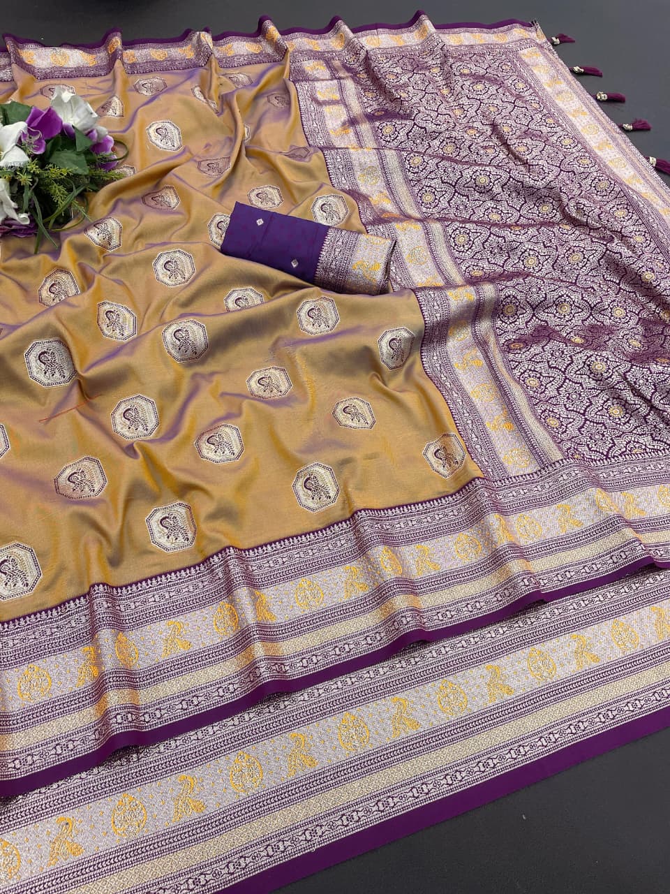 Traditional Golden Silk Saree with Royal Purple Zari Border for Women