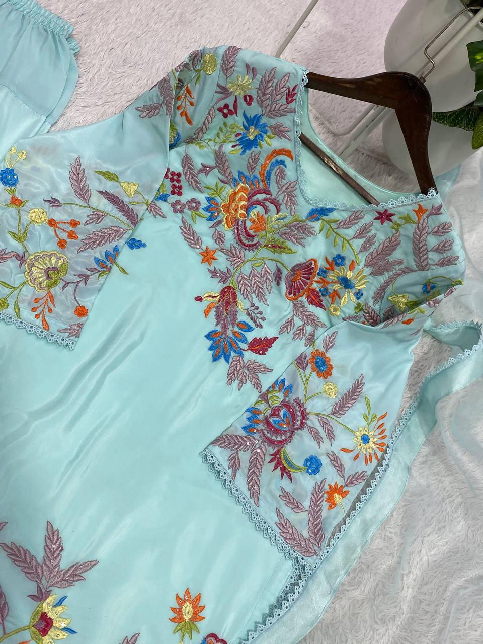 Elegant Modern Ice Blue Embroidered Crape Silk Suit Set with Organza Dupatta