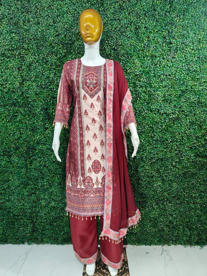 Designer Wine & Beige Shimmer Suit Set with Fancy Mirror Work