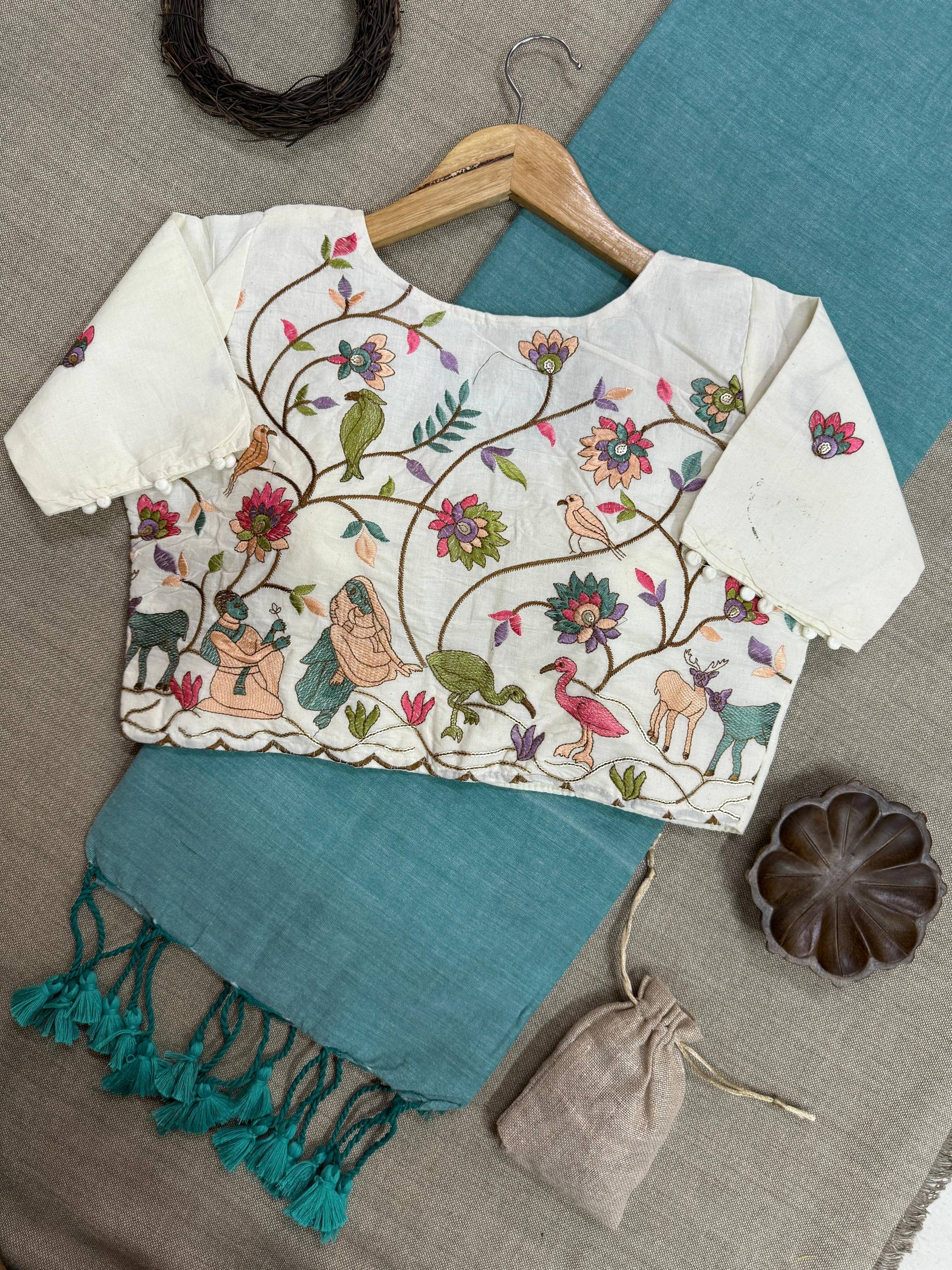 Sky Blue Pure Handloom Cotton Saree With Stitched Embroidery Blouse