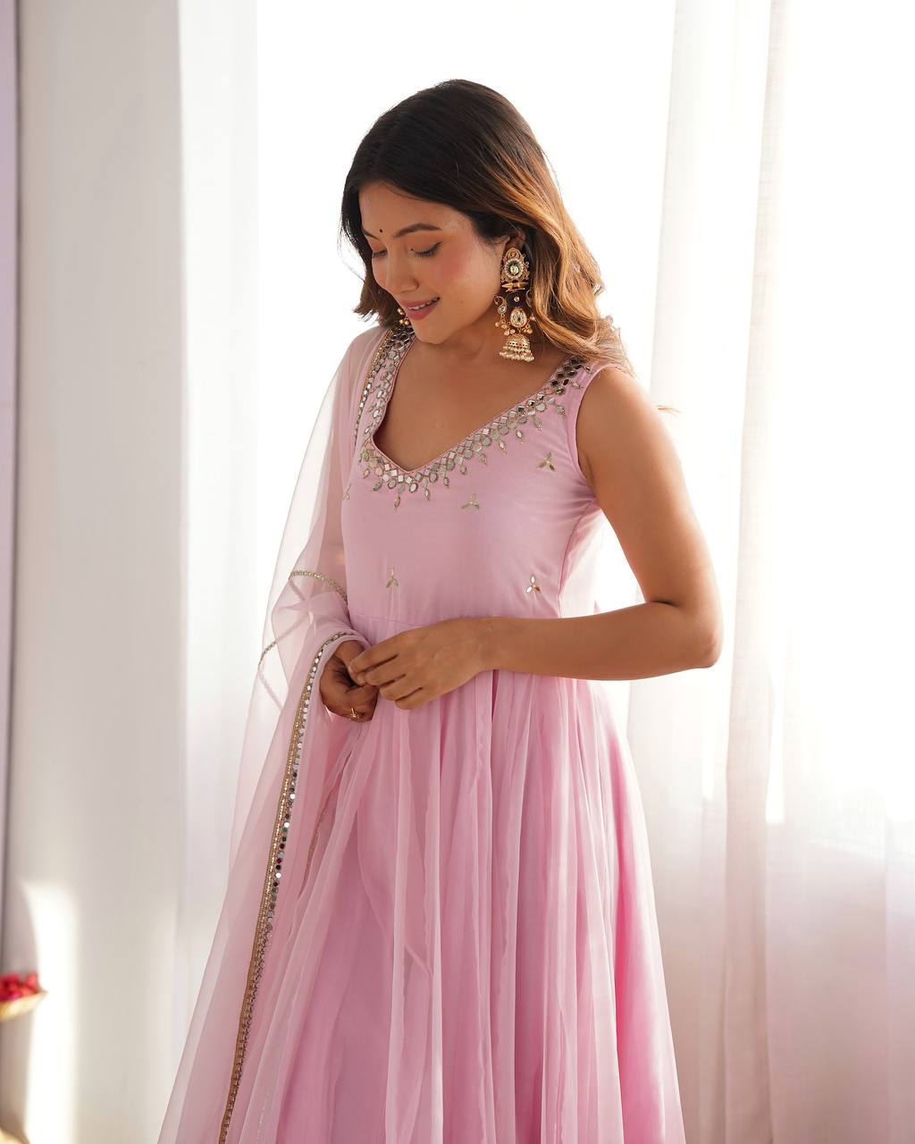 Blush Pink Faux Georgette Embroidered Anarkali Suit Set with Mirror Work Neckline