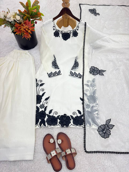 Elegant Cream Fendy Silk Embroidery Suit Set