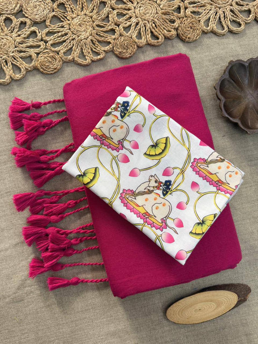 Dharma Exclusive - Dark Pink Handloom Cotton Saree With Printed Blouse