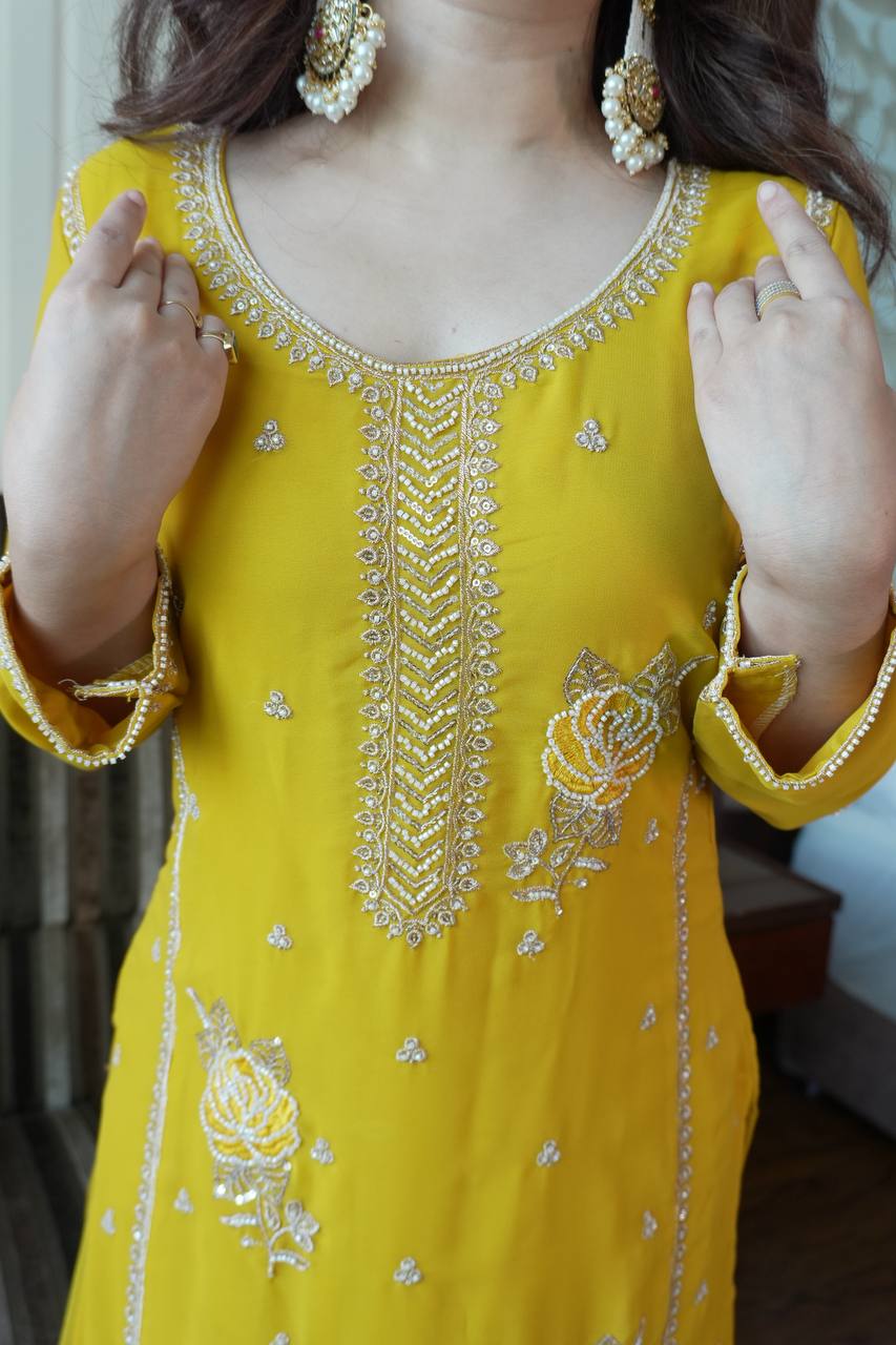 Designer Mustard Yellow Embroidered Fox Georgette Suit Set