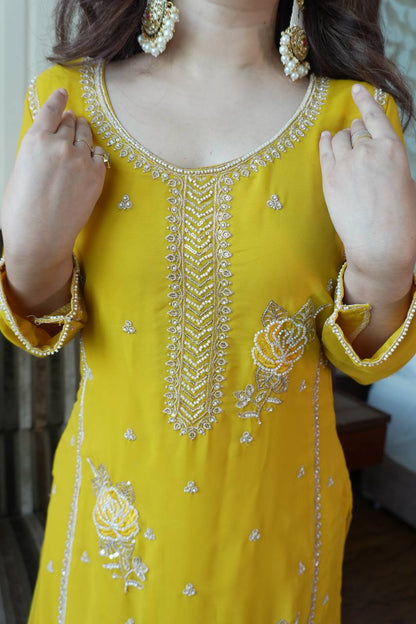Designer Mustard Yellow Embroidered Fox Georgette Suit Set