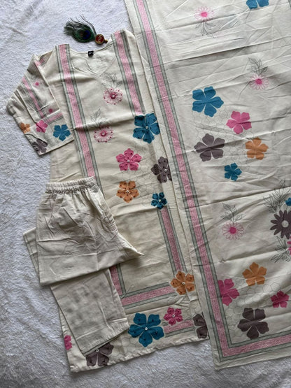 Very Attractive Pure Khadi Cotton Multi-Thread Handwork A-Line Kurta Set
