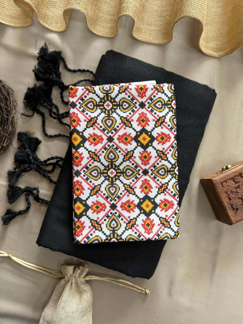 Black Handloom Cotton Saree With Symmetrical Printed Blouse